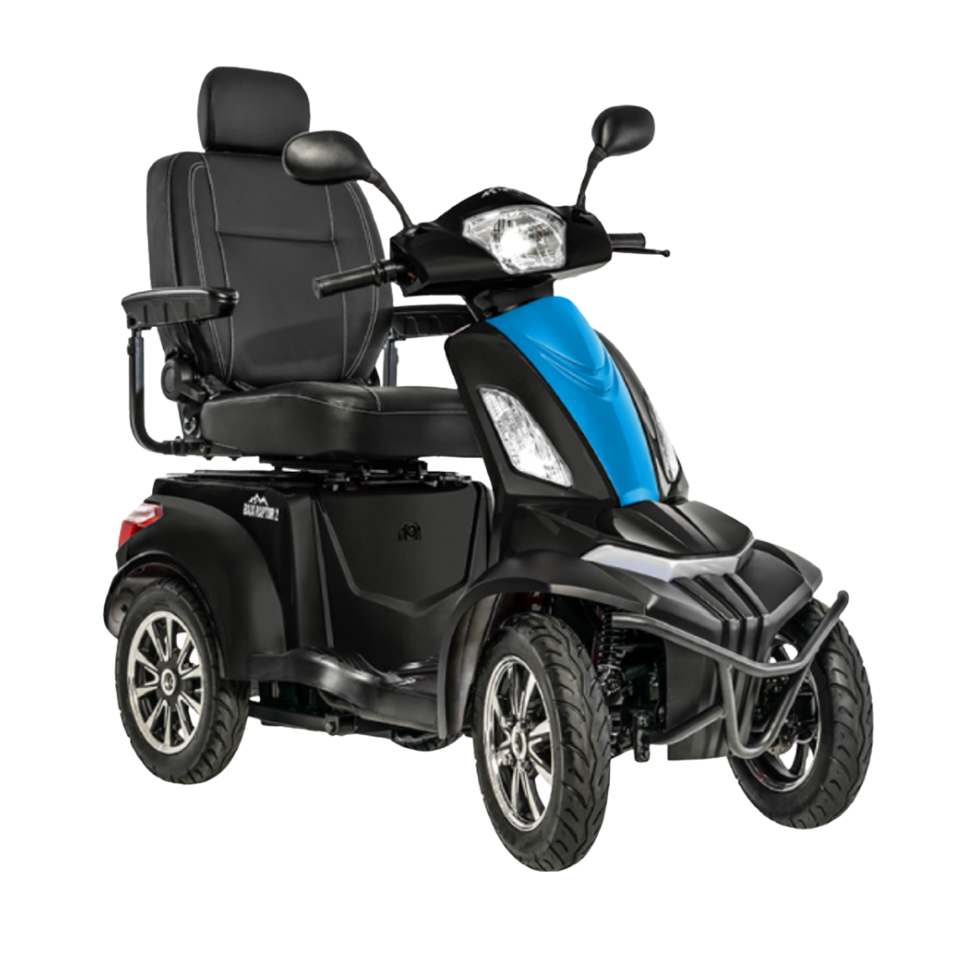 The Pride Baja® Raptor® 2 Bariatric 4-Wheel Scooter features a blue front panel, comfortable black seat with armrests, backrest, headrest, and large tires—ideal handlebars make it perfect for outdoor personal mobility.